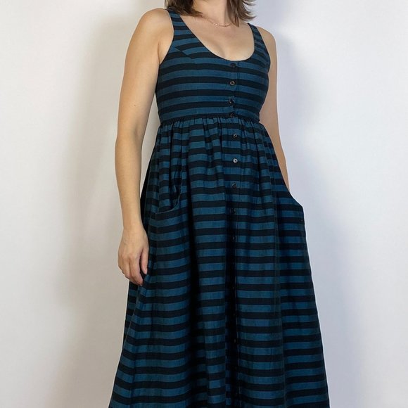 MARA HOFFMAN Designer Blue & Black Striped Scoop Neck Full Skirt Midi Dress! S - Picture 6 of 8